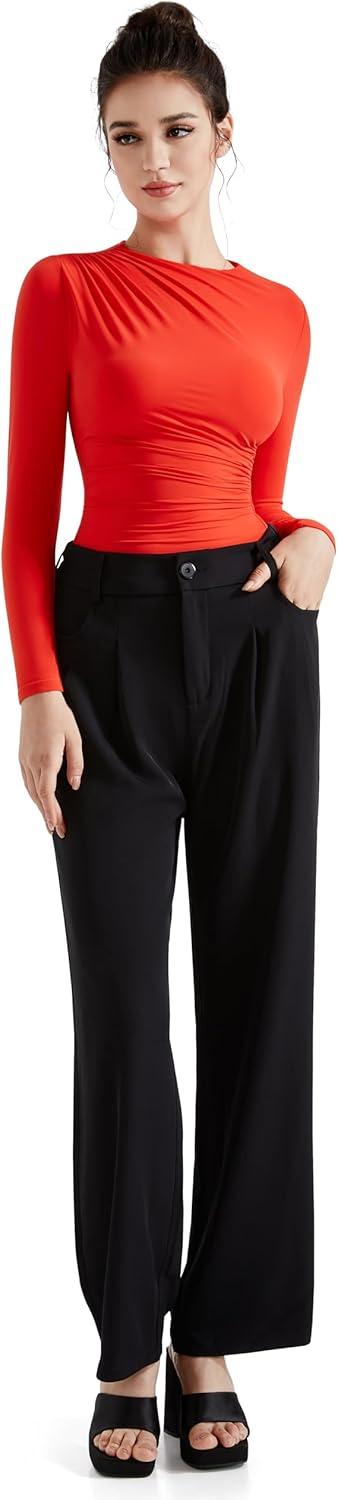 imageSUUKSESS Women Business Casual Long Sleeve Tops Double Lined Basic T ShirtsRed