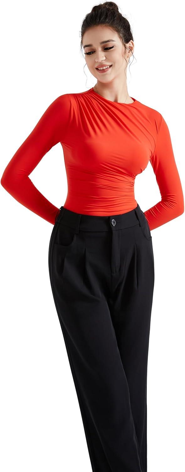 imageSUUKSESS Women Business Casual Long Sleeve Tops Double Lined Basic T ShirtsRed