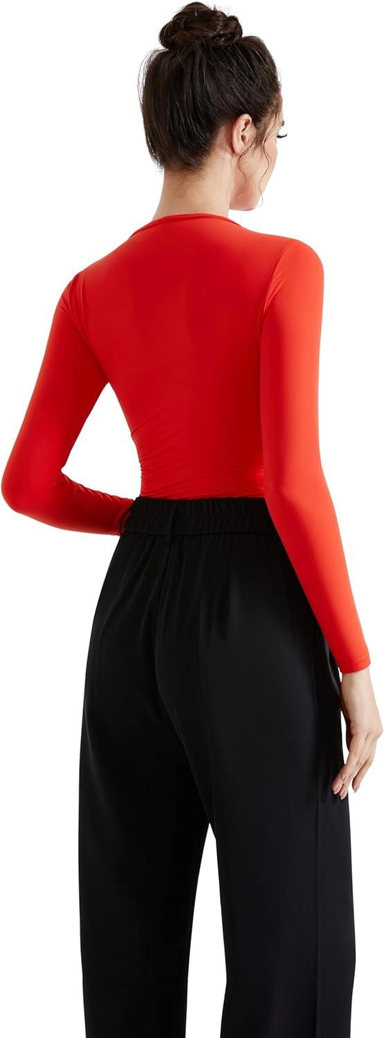 imageSUUKSESS Women Business Casual Long Sleeve Tops Double Lined Basic T ShirtsRed