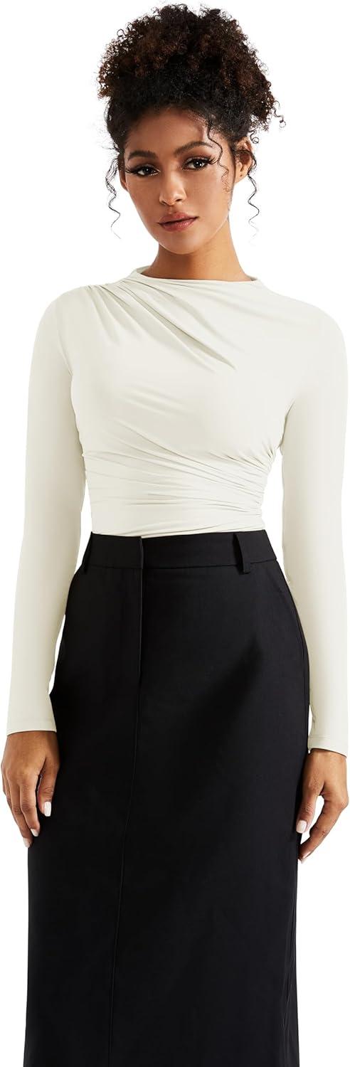 imageSUUKSESS Women Business Casual Long Sleeve Tops Double Lined Basic T ShirtsWhite