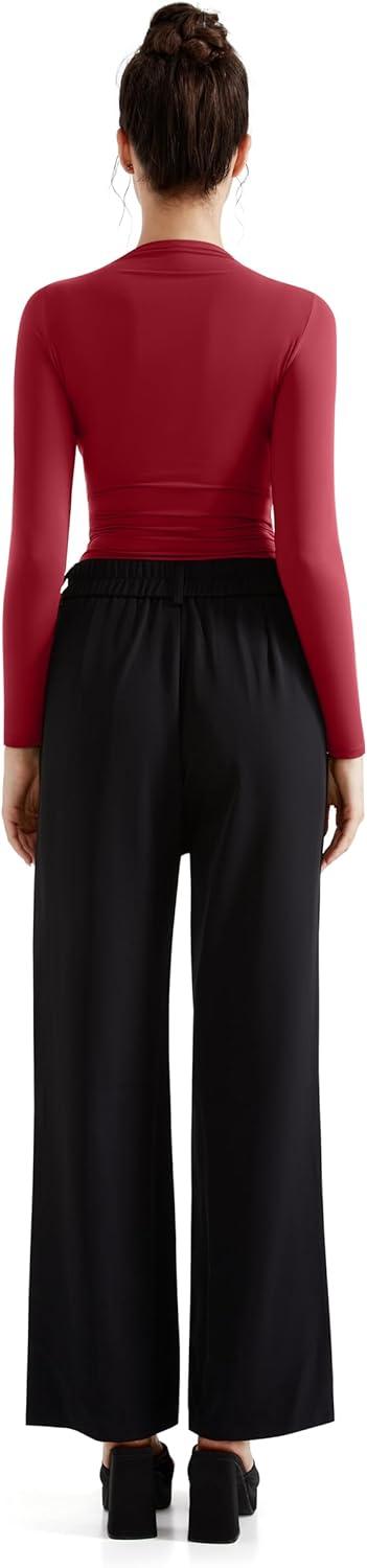 imageSUUKSESS Women Business Casual Long Sleeve Tops Double Lined Basic T ShirtsWine Red