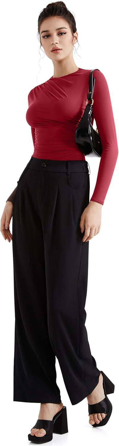 imageSUUKSESS Women Business Casual Long Sleeve Tops Double Lined Basic T ShirtsWine Red