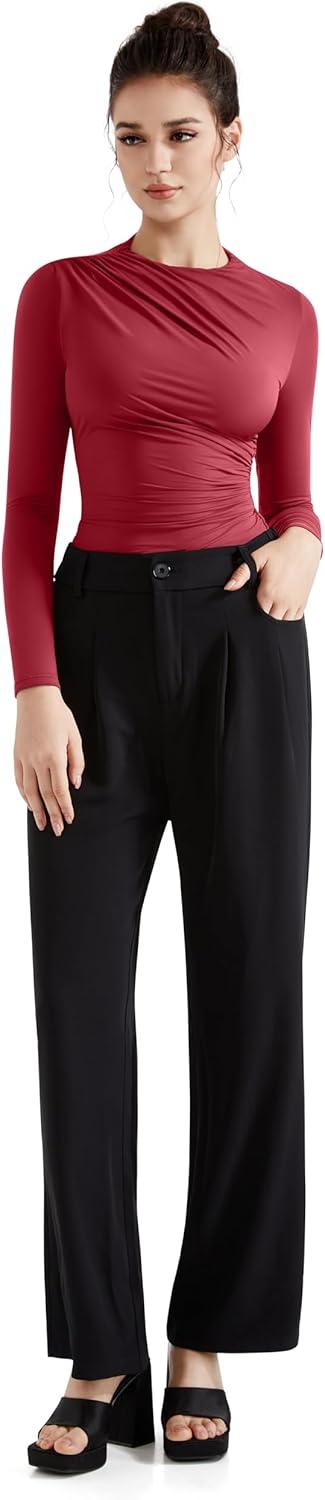 imageSUUKSESS Women Business Casual Long Sleeve Tops Double Lined Basic T ShirtsWine Red