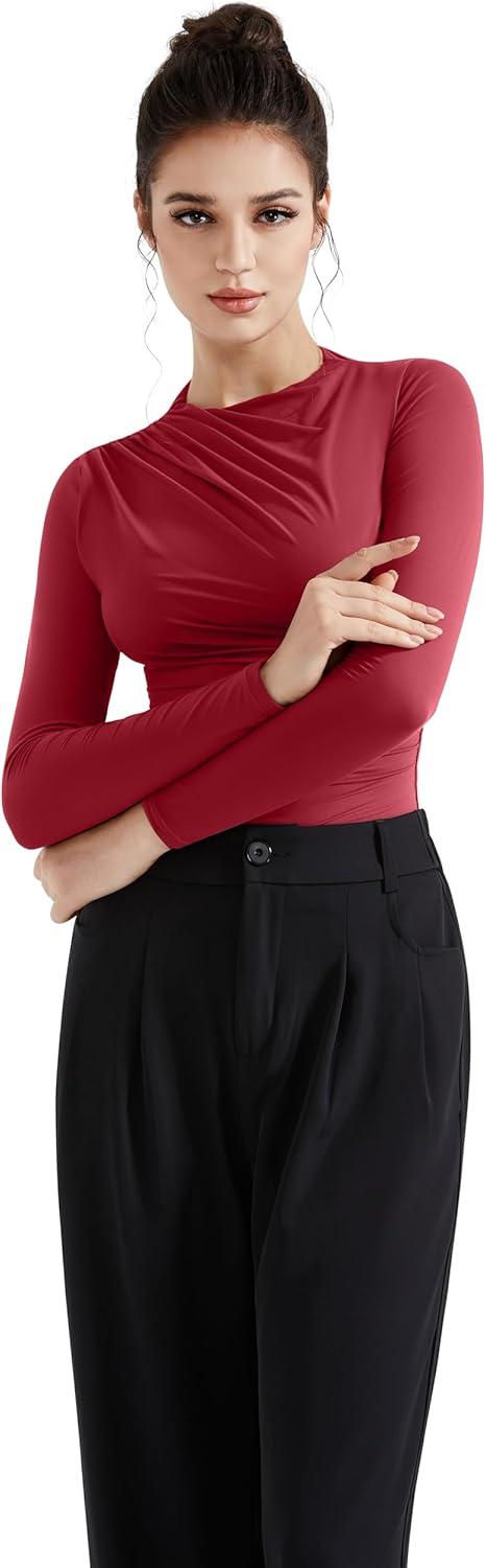 imageSUUKSESS Women Business Casual Long Sleeve Tops Double Lined Basic T ShirtsWine Red