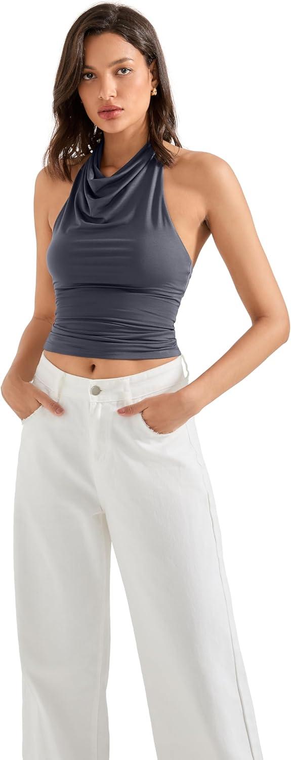 imageSUUKSESS Women Halter Backless Tank Tops Sexy Cowl Neck Summer Going Out Cami TopsAsh