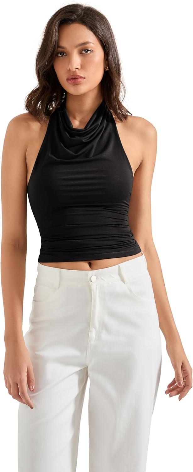 imageSUUKSESS Women Halter Backless Tank Tops Sexy Cowl Neck Summer Going Out Cami TopsBlack