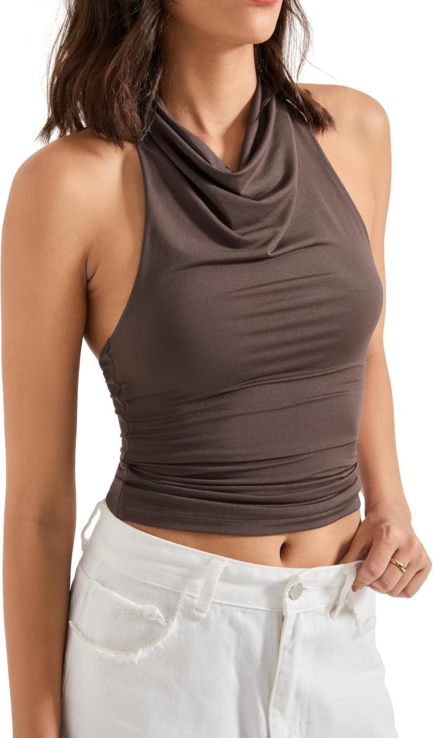 imageSUUKSESS Women Halter Backless Tank Tops Sexy Cowl Neck Summer Going Out Cami TopsBrown