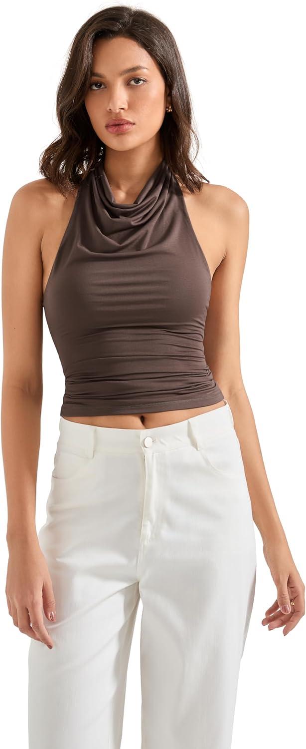 imageSUUKSESS Women Halter Backless Tank Tops Sexy Cowl Neck Summer Going Out Cami TopsBrown