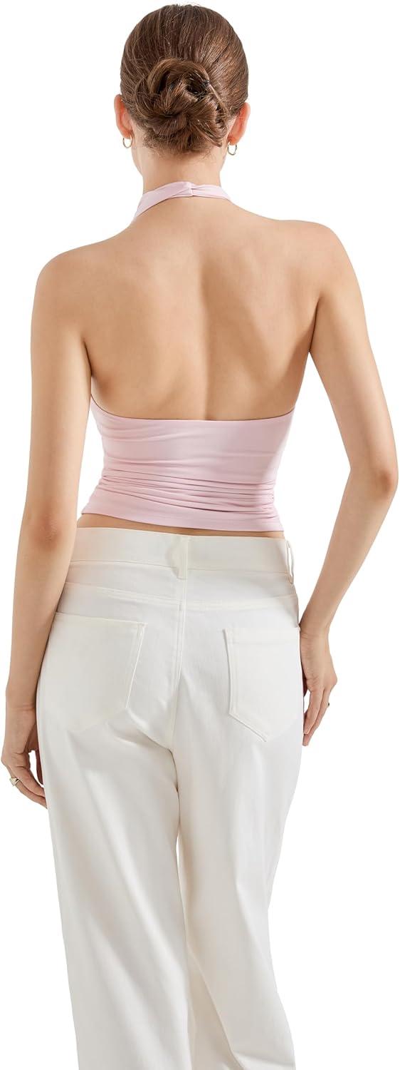 imageSUUKSESS Women Halter Backless Tank Tops Sexy Cowl Neck Summer Going Out Cami TopsPink