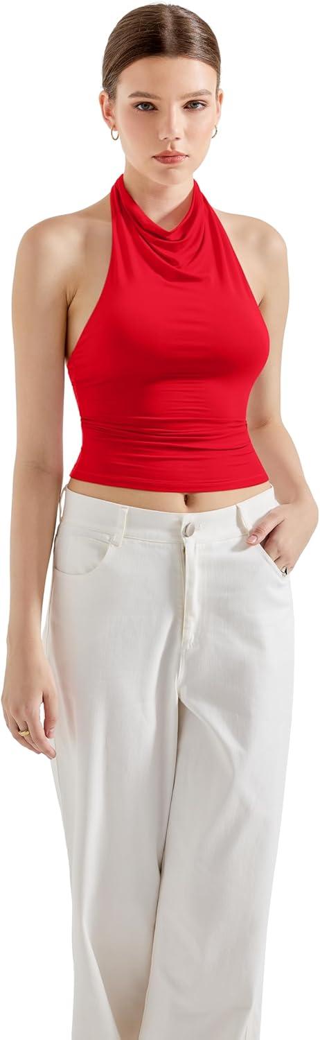 imageSUUKSESS Women Halter Backless Tank Tops Sexy Cowl Neck Summer Going Out Cami TopsRed