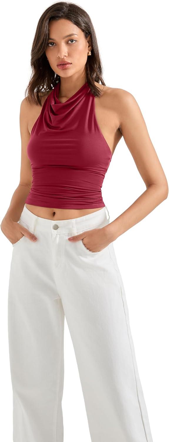 imageSUUKSESS Women Halter Backless Tank Tops Sexy Cowl Neck Summer Going Out Cami TopsWine Red