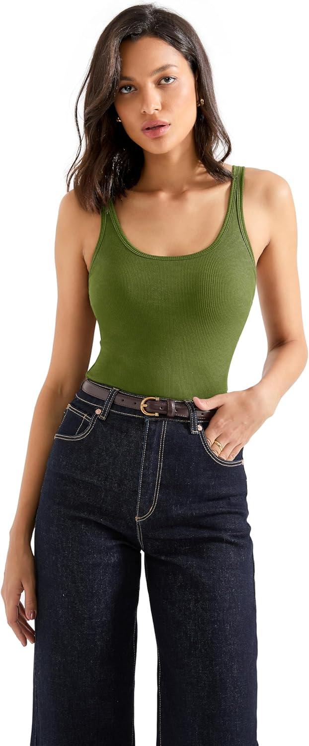 imageSUUKSESS Women Padded Ribbed Long Tank Tops Summer Going Out Basic Scoop Neck Cami TopsArmy Green