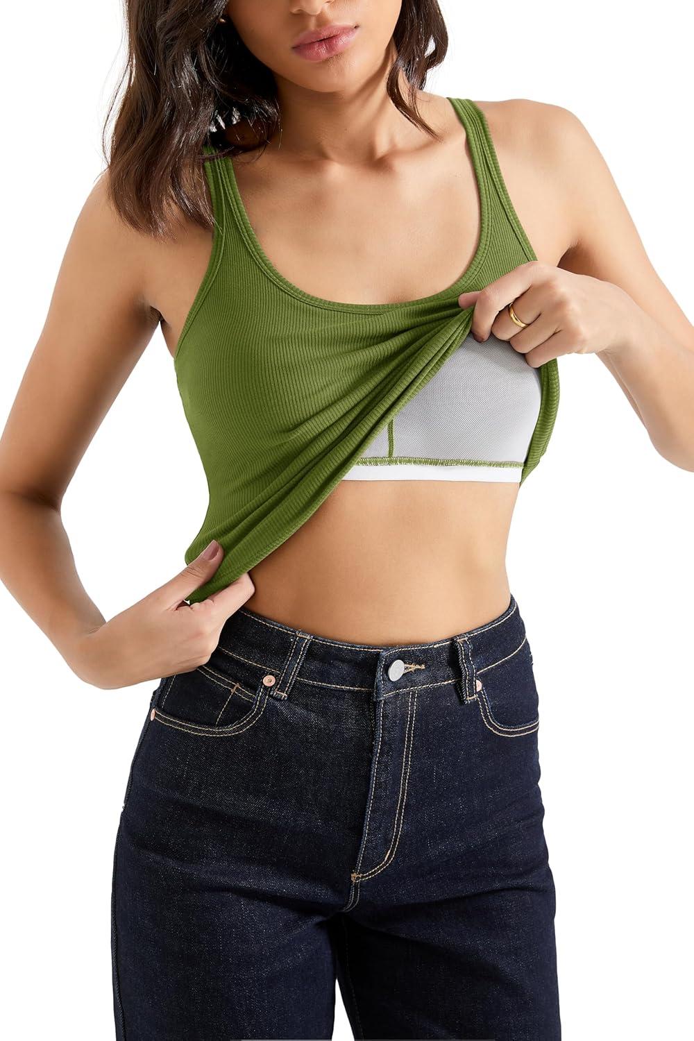 imageSUUKSESS Women Padded Ribbed Long Tank Tops Summer Going Out Basic Scoop Neck Cami TopsArmy Green