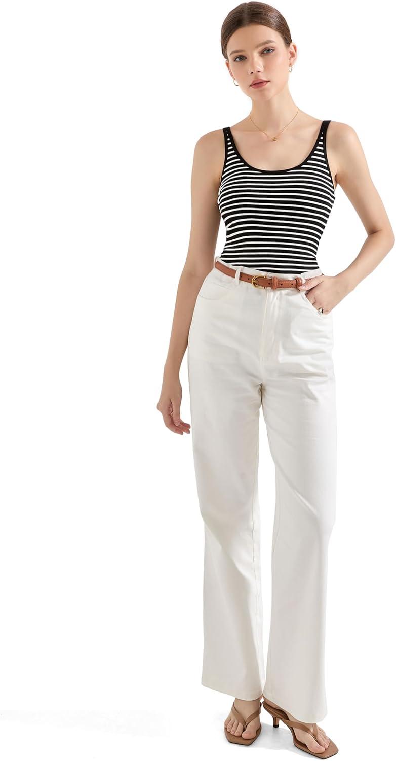 imageSUUKSESS Women Padded Ribbed Long Tank Tops Summer Going Out Basic Scoop Neck Cami TopsBlack White Stripe