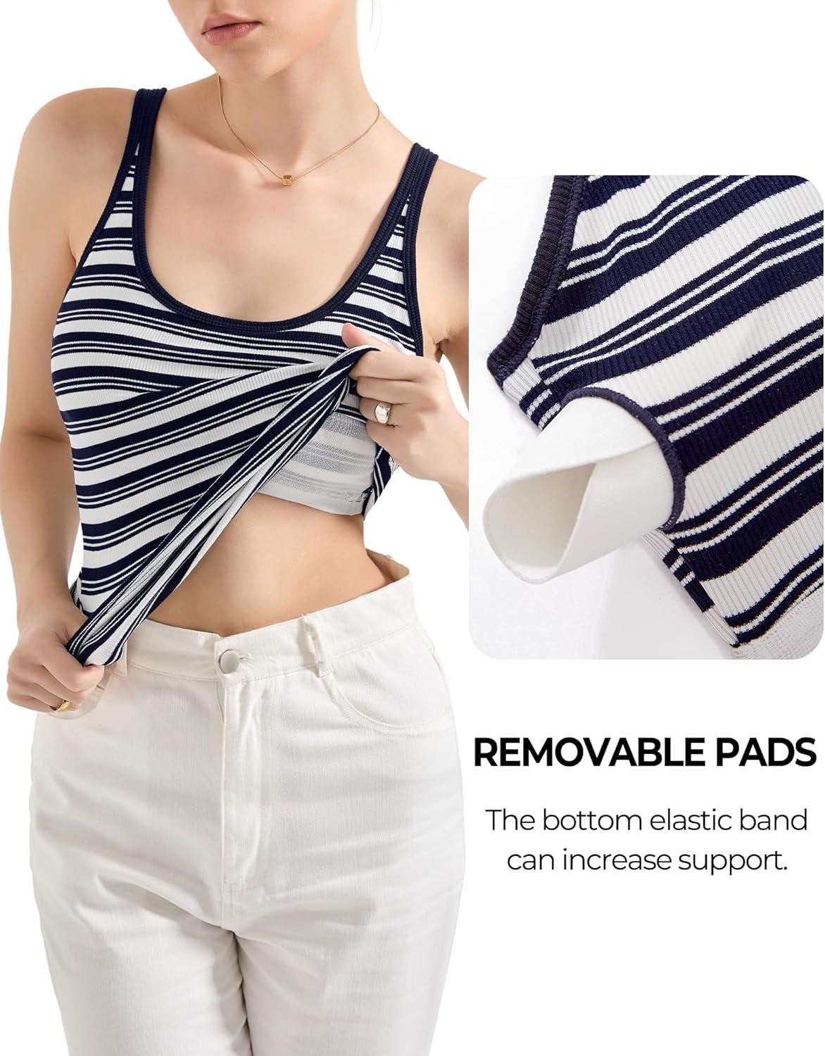 imageSUUKSESS Women Padded Ribbed Long Tank Tops Summer Going Out Basic Scoop Neck Cami TopsBlue White Stripe