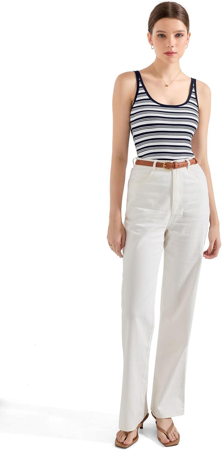 imageSUUKSESS Women Padded Ribbed Long Tank Tops Summer Going Out Basic Scoop Neck Cami TopsBlue White Stripe
