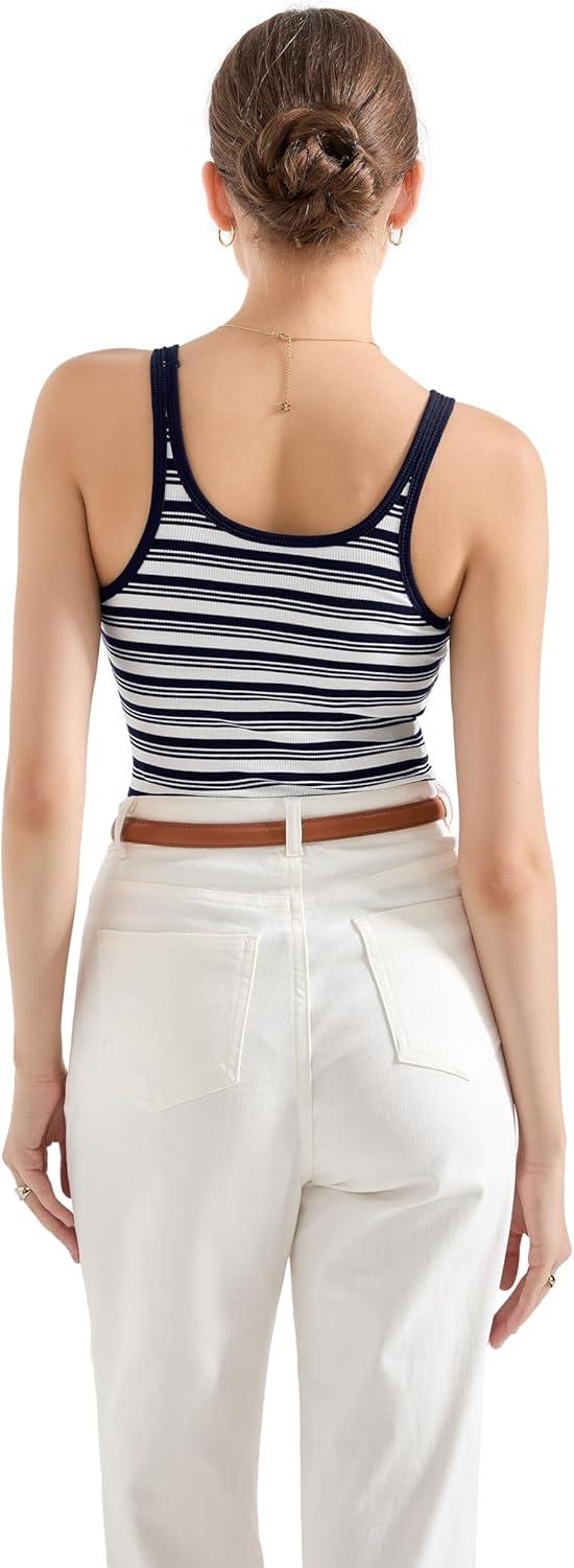 imageSUUKSESS Women Padded Ribbed Long Tank Tops Summer Going Out Basic Scoop Neck Cami TopsBlue White Stripe
