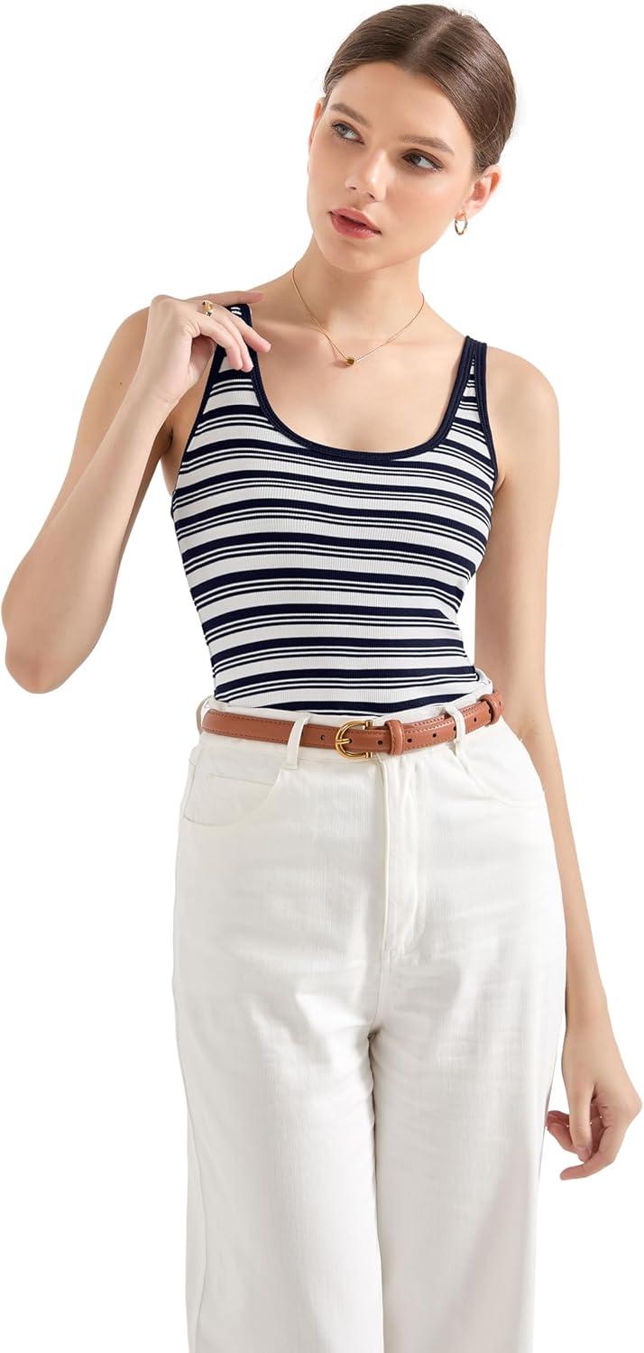 imageSUUKSESS Women Padded Ribbed Long Tank Tops Summer Going Out Basic Scoop Neck Cami TopsBlue White Stripe