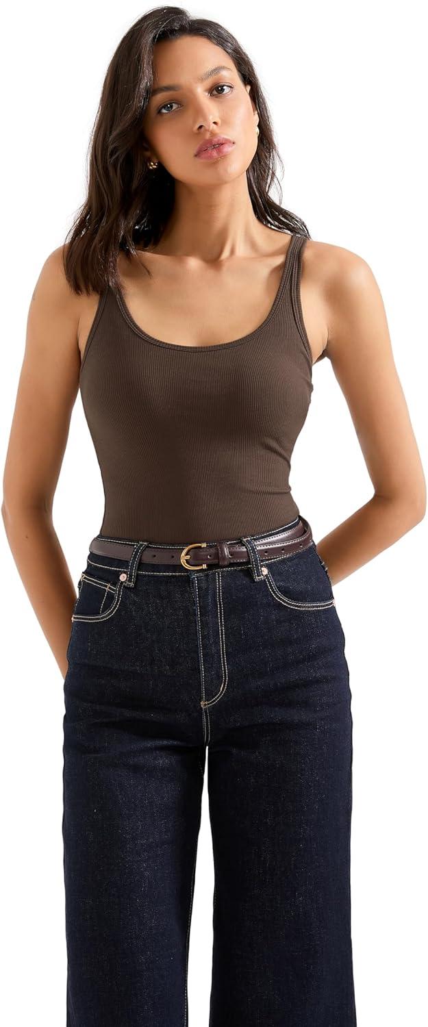 imageSUUKSESS Women Padded Ribbed Long Tank Tops Summer Going Out Basic Scoop Neck Cami TopsBrown