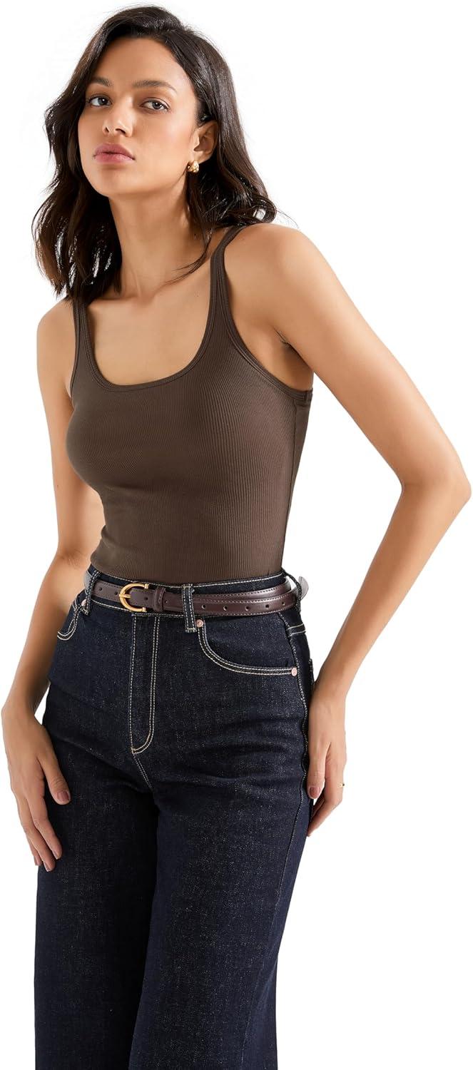 imageSUUKSESS Women Padded Ribbed Long Tank Tops Summer Going Out Basic Scoop Neck Cami TopsBrown
