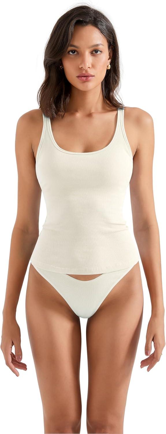 imageSUUKSESS Women Padded Ribbed Long Tank Tops Summer Going Out Basic Scoop Neck Cami TopsCream White