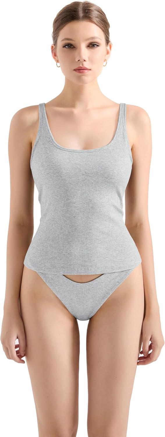 imageSUUKSESS Women Padded Ribbed Long Tank Tops Summer Going Out Basic Scoop Neck Cami TopsLight Grey