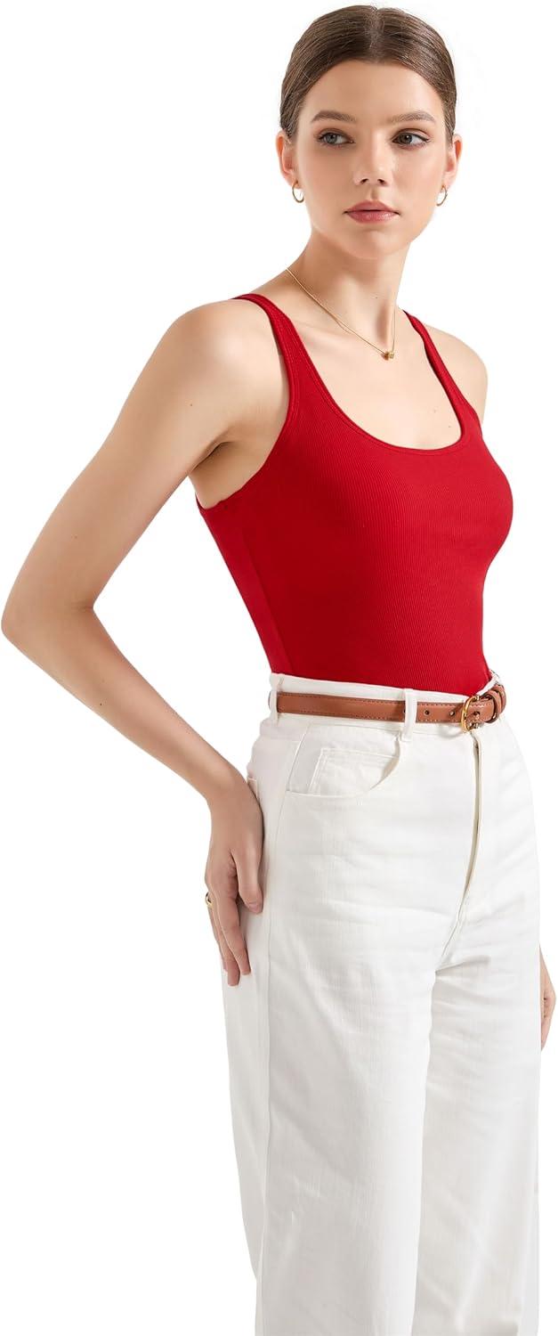 imageSUUKSESS Women Padded Ribbed Long Tank Tops Summer Going Out Basic Scoop Neck Cami TopsRed