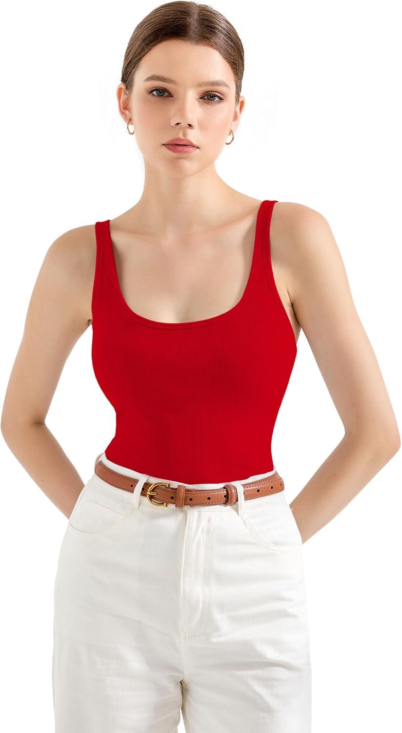 imageSUUKSESS Women Padded Ribbed Long Tank Tops Summer Going Out Basic Scoop Neck Cami TopsRed