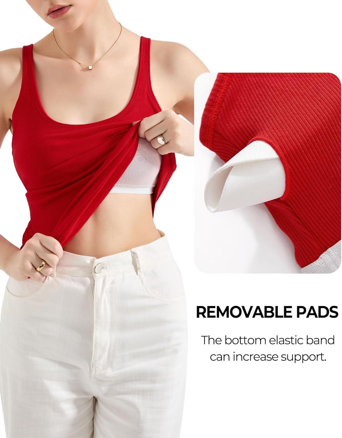 imageSUUKSESS Women Padded Ribbed Long Tank Tops Summer Going Out Basic Scoop Neck Cami TopsRed