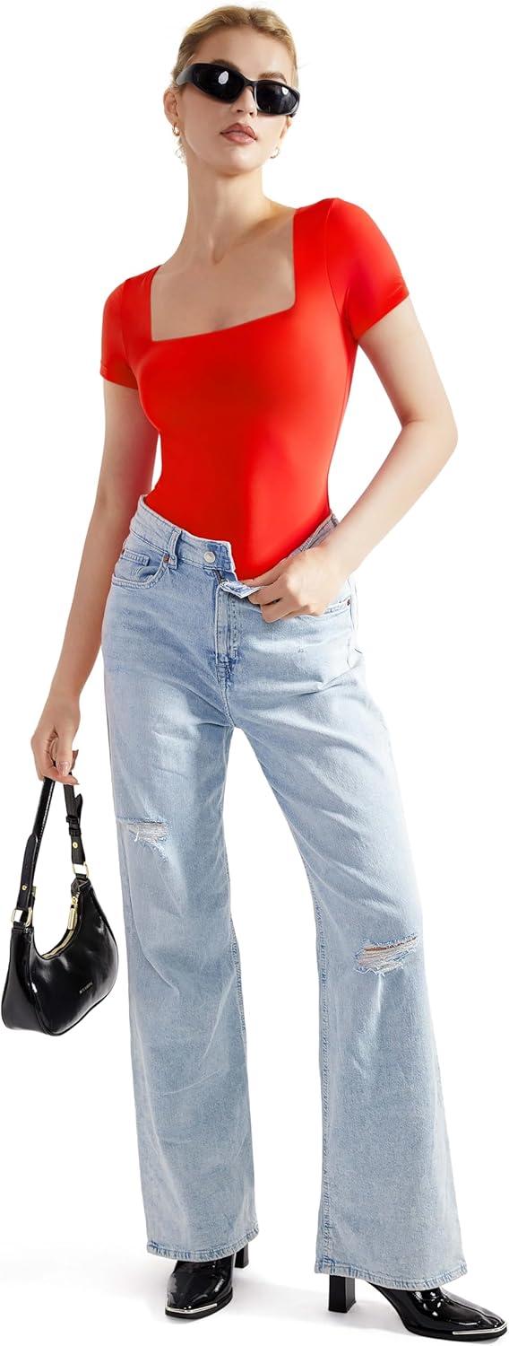imageSUUKSESS Women Square Neck Short Sleeve Bodysuit Sexy Thong Bodysuit Shirts01 Red