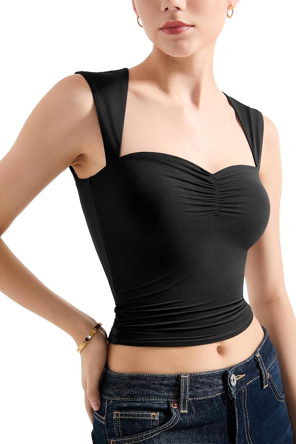 imageSUUKSESS Women Sweetheart V Neck Backless Tank Tops Double Lined Going Out Crop TopsBlack
