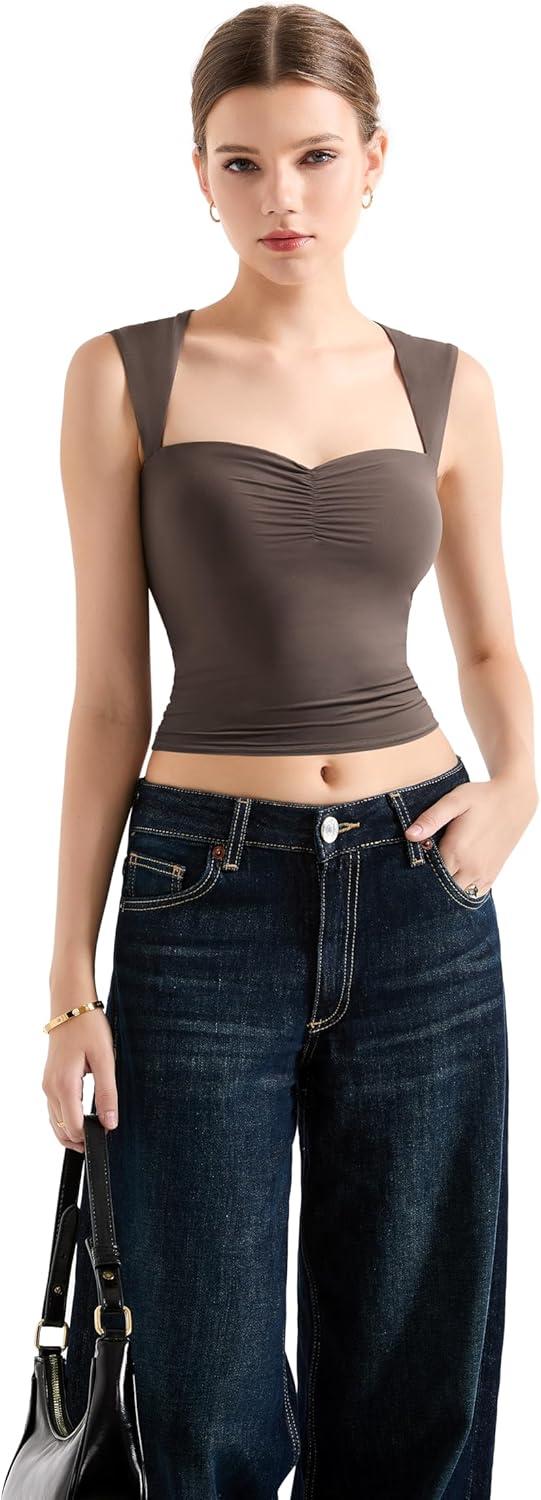 imageSUUKSESS Women Sweetheart V Neck Backless Tank Tops Double Lined Going Out Crop TopsBrown
