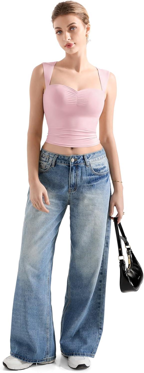 imageSUUKSESS Women Sweetheart V Neck Backless Tank Tops Double Lined Going Out Crop TopsPink