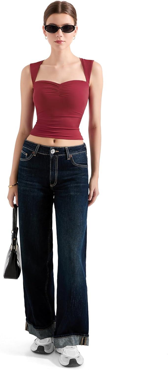 imageSUUKSESS Women Sweetheart V Neck Backless Tank Tops Double Lined Going Out Crop TopsWine Red