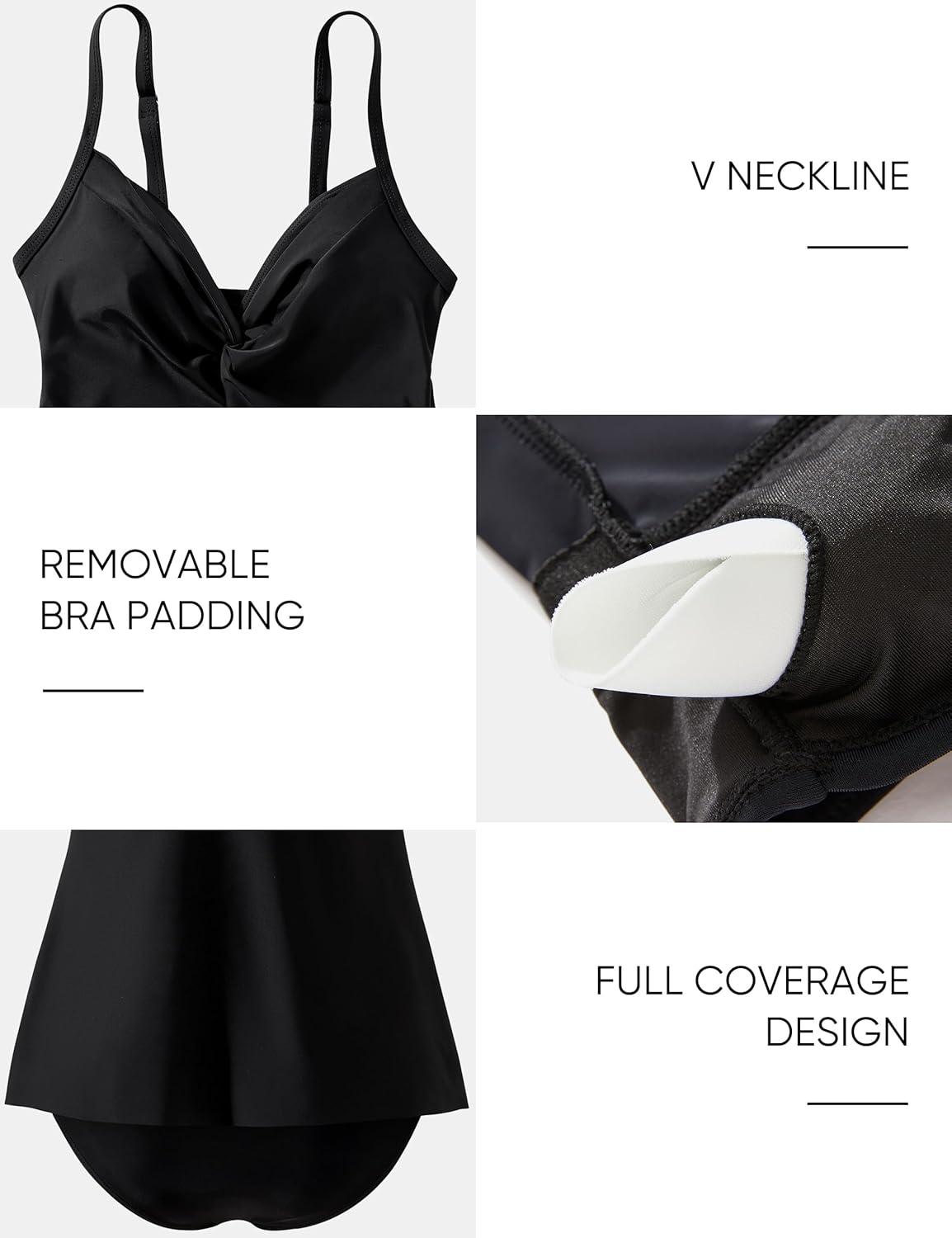 imageSUUKSESS Womens Tummy Control Tankini Swimsuit Push Up Knot Front Bathing SuitBlack