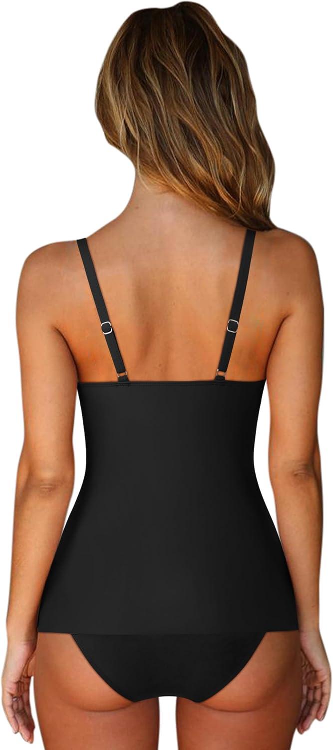 imageSUUKSESS Womens Tummy Control Tankini Swimsuit Push Up Knot Front Bathing SuitBlack