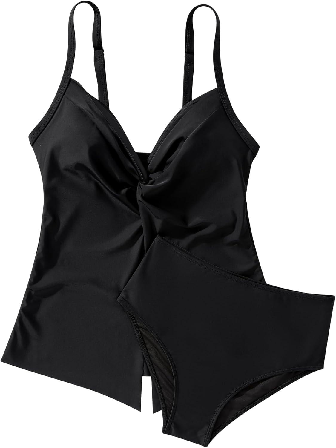 imageSUUKSESS Womens Tummy Control Tankini Swimsuit Push Up Knot Front Bathing SuitBlack