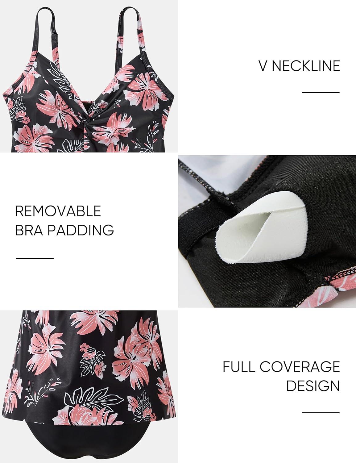 imageSUUKSESS Womens Tummy Control Tankini Swimsuit Push Up Knot Front Bathing SuitBlack Floral