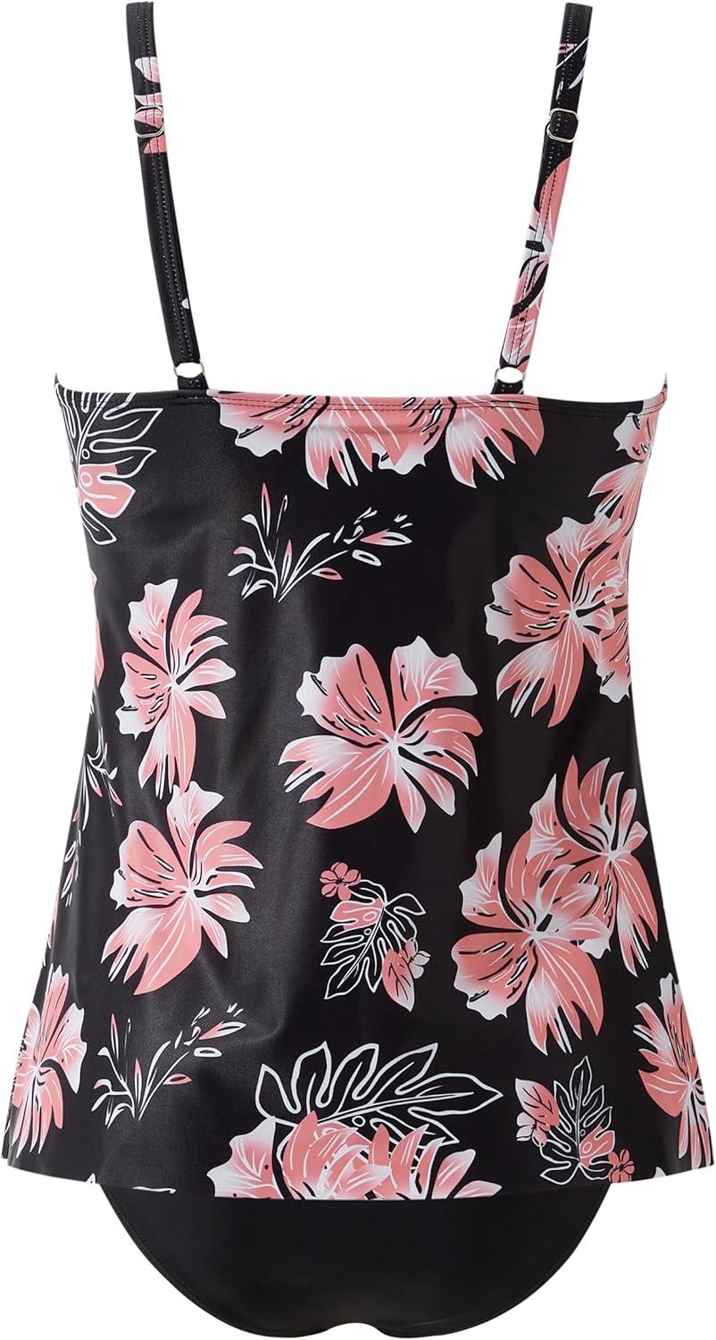 imageSUUKSESS Womens Tummy Control Tankini Swimsuit Push Up Knot Front Bathing SuitBlack Floral