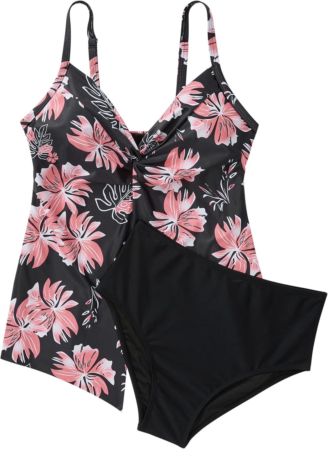 imageSUUKSESS Womens Tummy Control Tankini Swimsuit Push Up Knot Front Bathing SuitBlack Floral