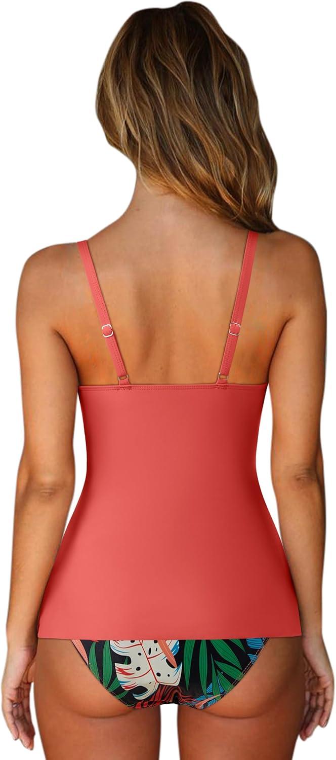 imageSUUKSESS Womens Tummy Control Tankini Swimsuit Push Up Knot Front Bathing SuitCoral Pink Leaf