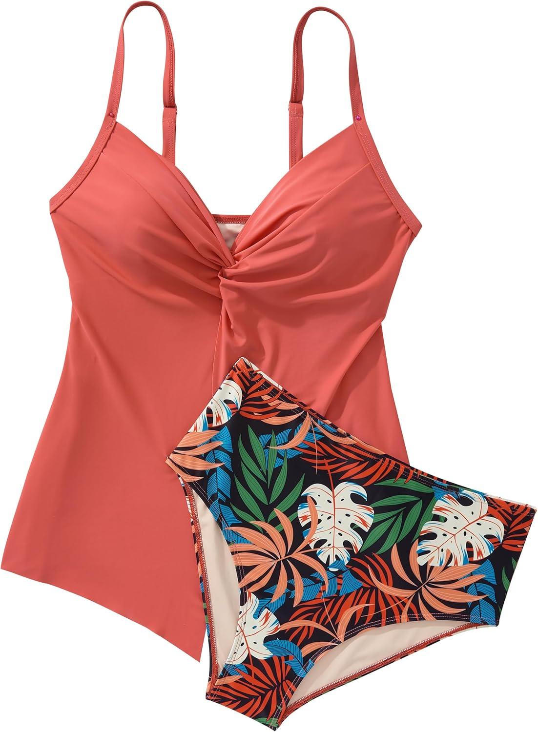 imageSUUKSESS Womens Tummy Control Tankini Swimsuit Push Up Knot Front Bathing SuitCoral Pink Leaf