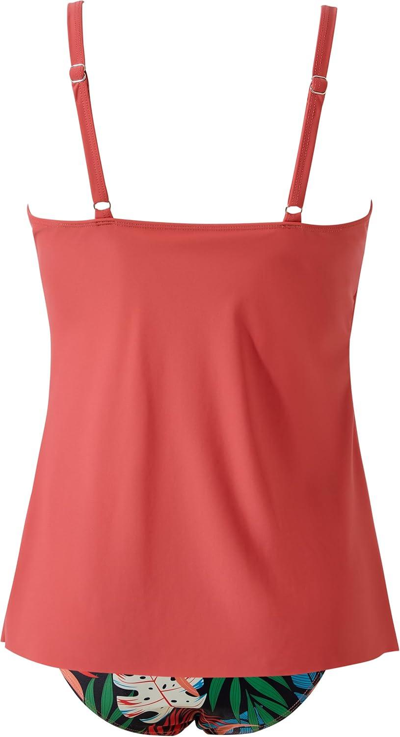 imageSUUKSESS Womens Tummy Control Tankini Swimsuit Push Up Knot Front Bathing SuitCoral Pink Leaf