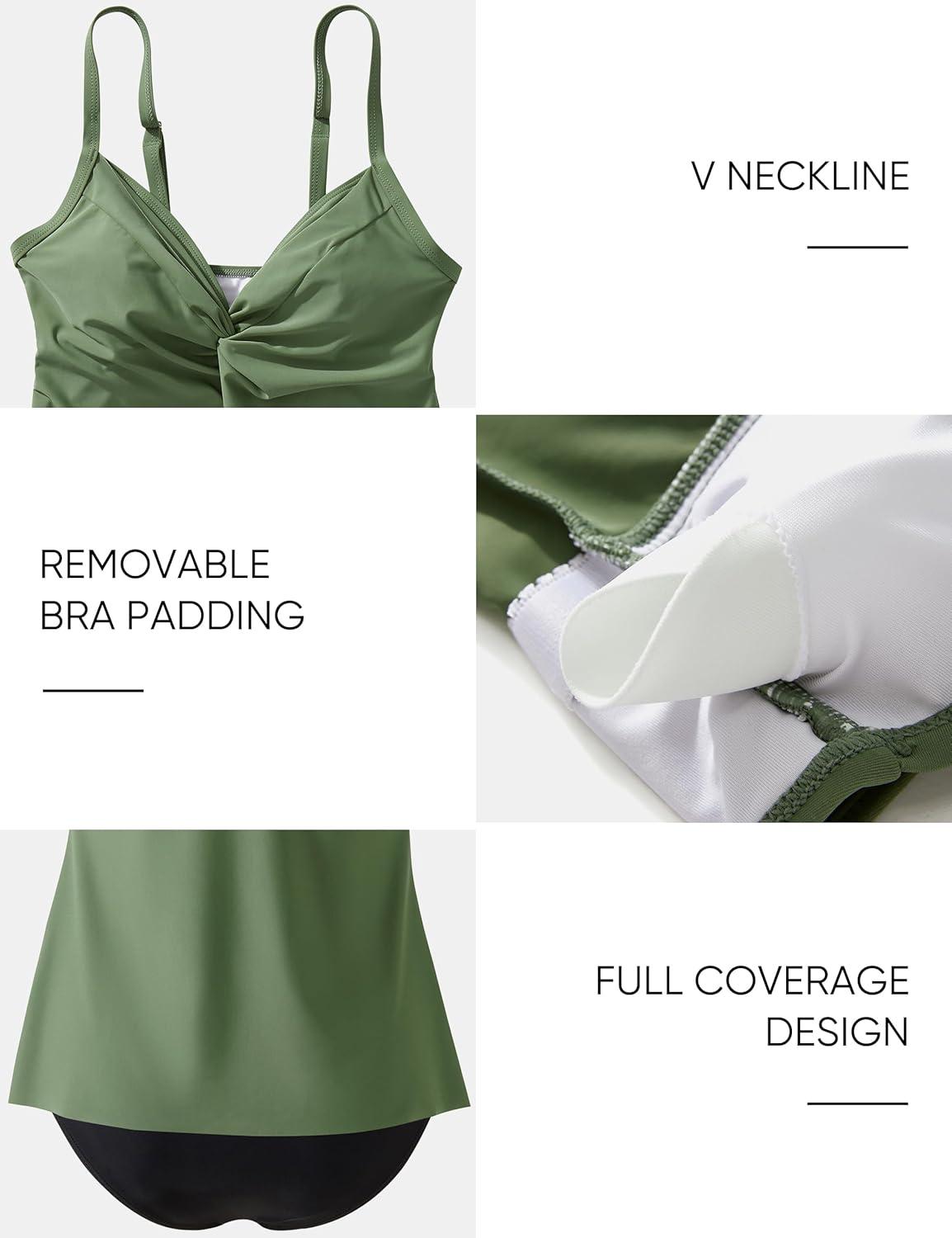 imageSUUKSESS Womens Tummy Control Tankini Swimsuit Push Up Knot Front Bathing SuitGreen