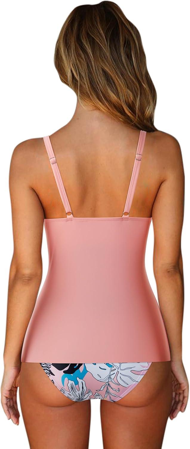 imageSUUKSESS Womens Tummy Control Tankini Swimsuit Push Up Knot Front Bathing SuitPink Multicolor