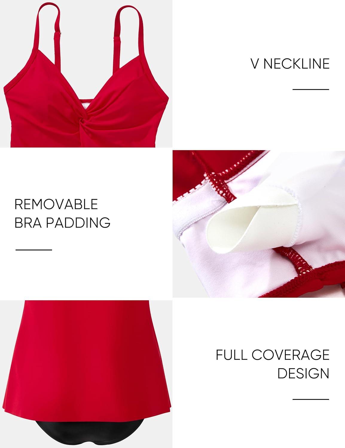 imageSUUKSESS Womens Tummy Control Tankini Swimsuit Push Up Knot Front Bathing SuitRed