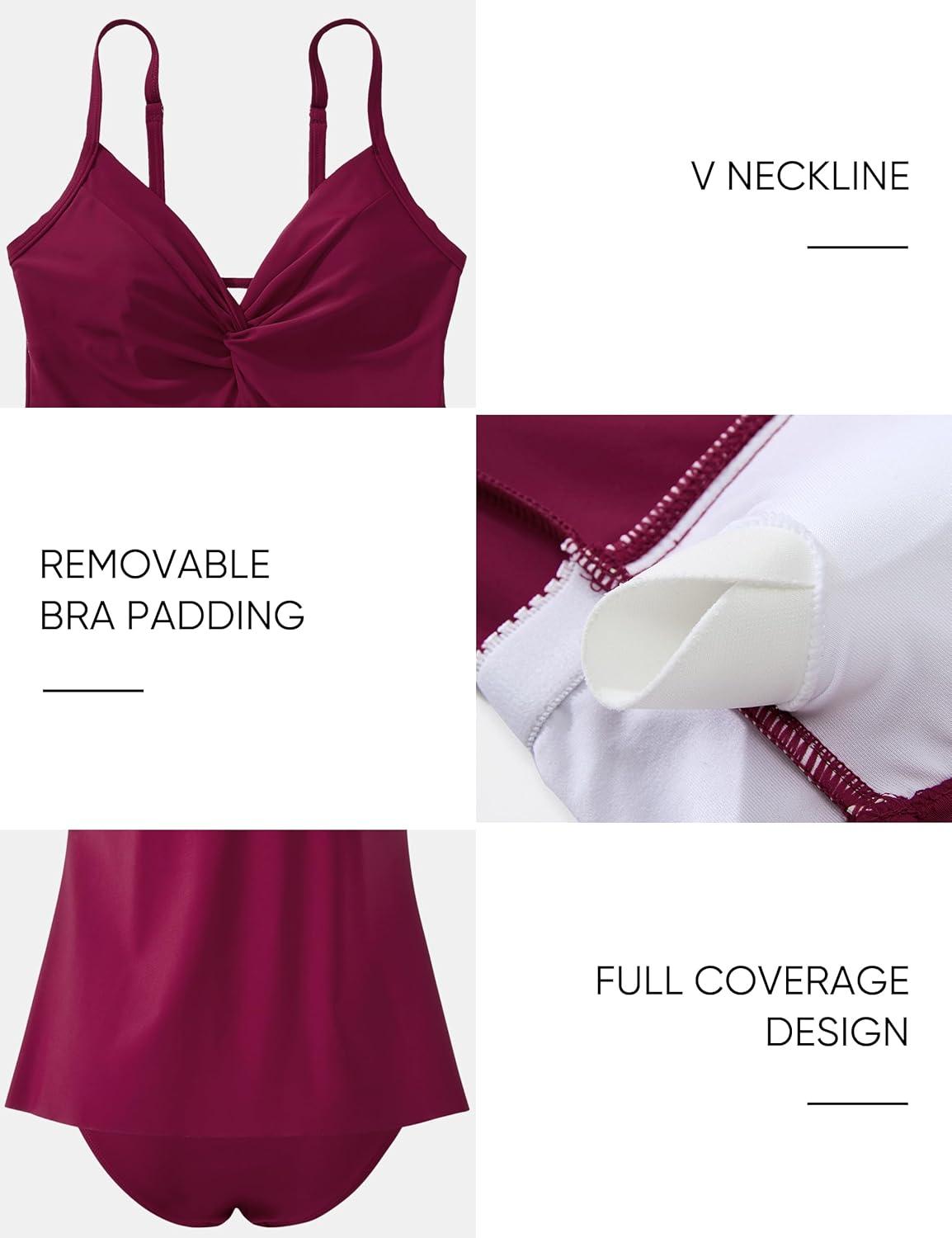 imageSUUKSESS Womens Tummy Control Tankini Swimsuit Push Up Knot Front Bathing SuitWine Red