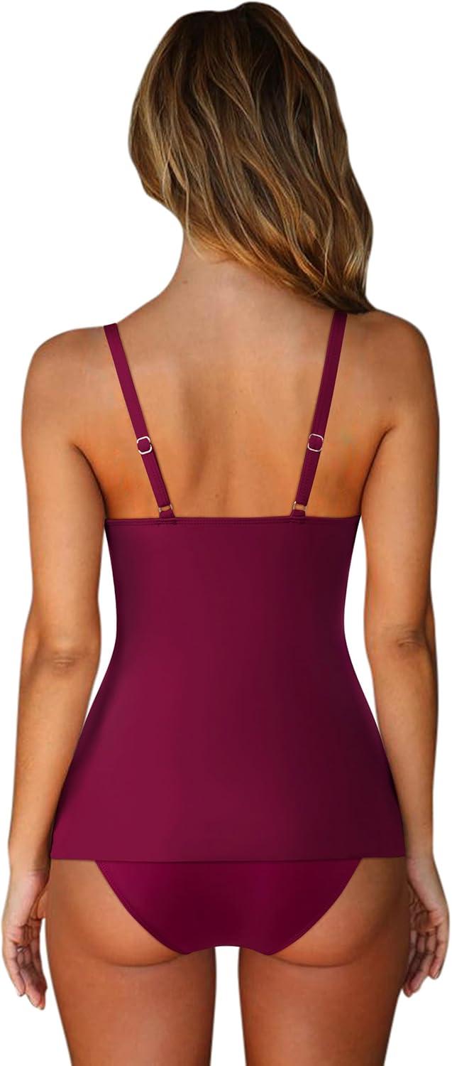 imageSUUKSESS Womens Tummy Control Tankini Swimsuit Push Up Knot Front Bathing SuitWine Red