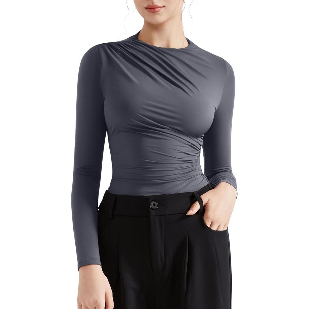 imageSUUKSESS Women Business Casual Long Sleeve Tops Double Lined Basic T ShirtsAsh