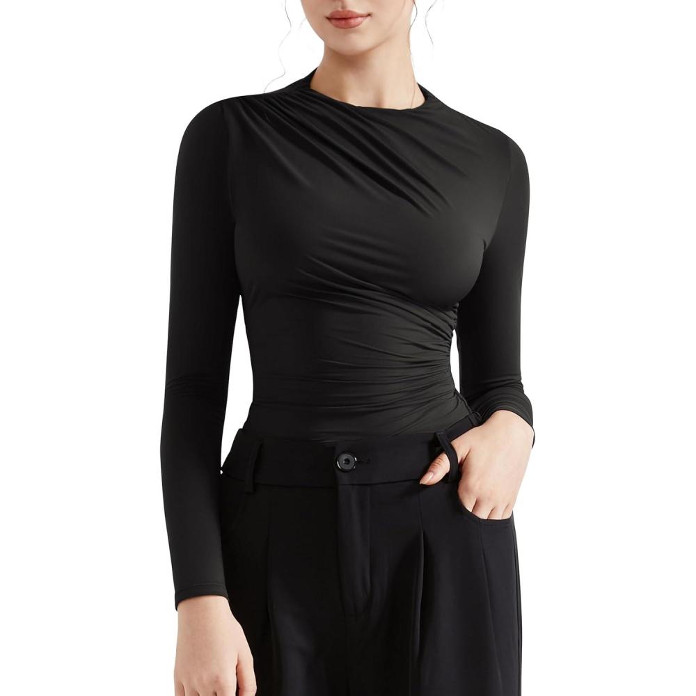 imageSUUKSESS Women Business Casual Long Sleeve Tops Double Lined Basic T ShirtsBlack